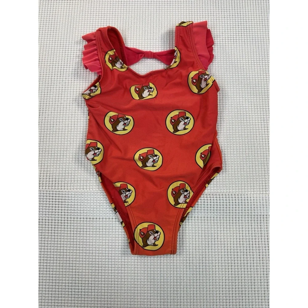 Buc-ee's Baby Swimsuit 12-18M One Piece Red Beaver Print Girls Ruffle Cute